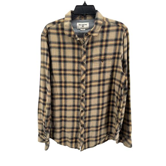 Billabong Men's 100% Cotton Tan Plaid Long Sleeve Button-Up Shirt Size Medium - Picture 1 of 4